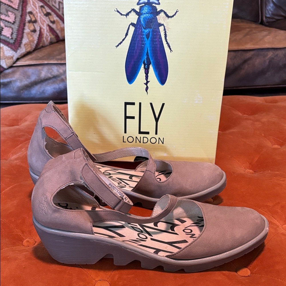 Fly London Women's adjustable ankle strap taupe wedge sandals